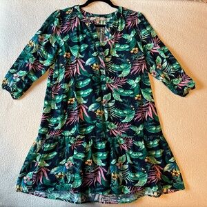 LOFT Tropical Floral Print Flounce Dress, Leafy Green Pink. Sz MP